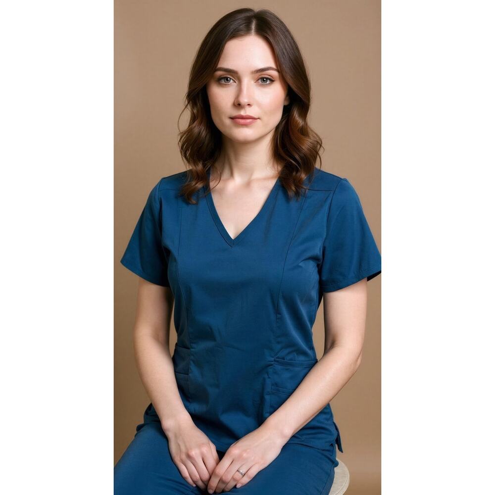 Adar Pro Scrub Top Womens XS‎ Teal Caribbean Blue V-Neck Short Sleeve